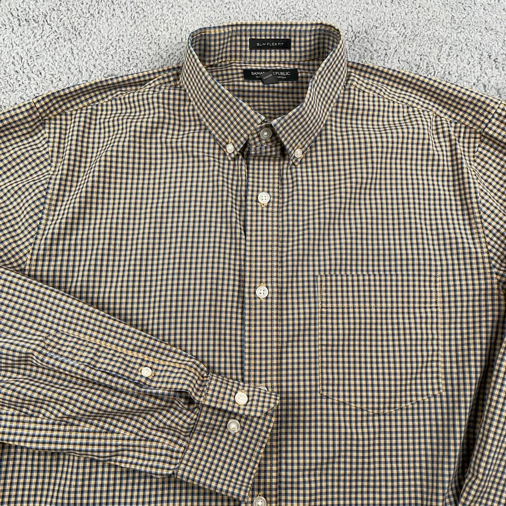 Banana Republic Shirt Mens Large Slim Flex Fit Tech Stretch Check Dress Casual